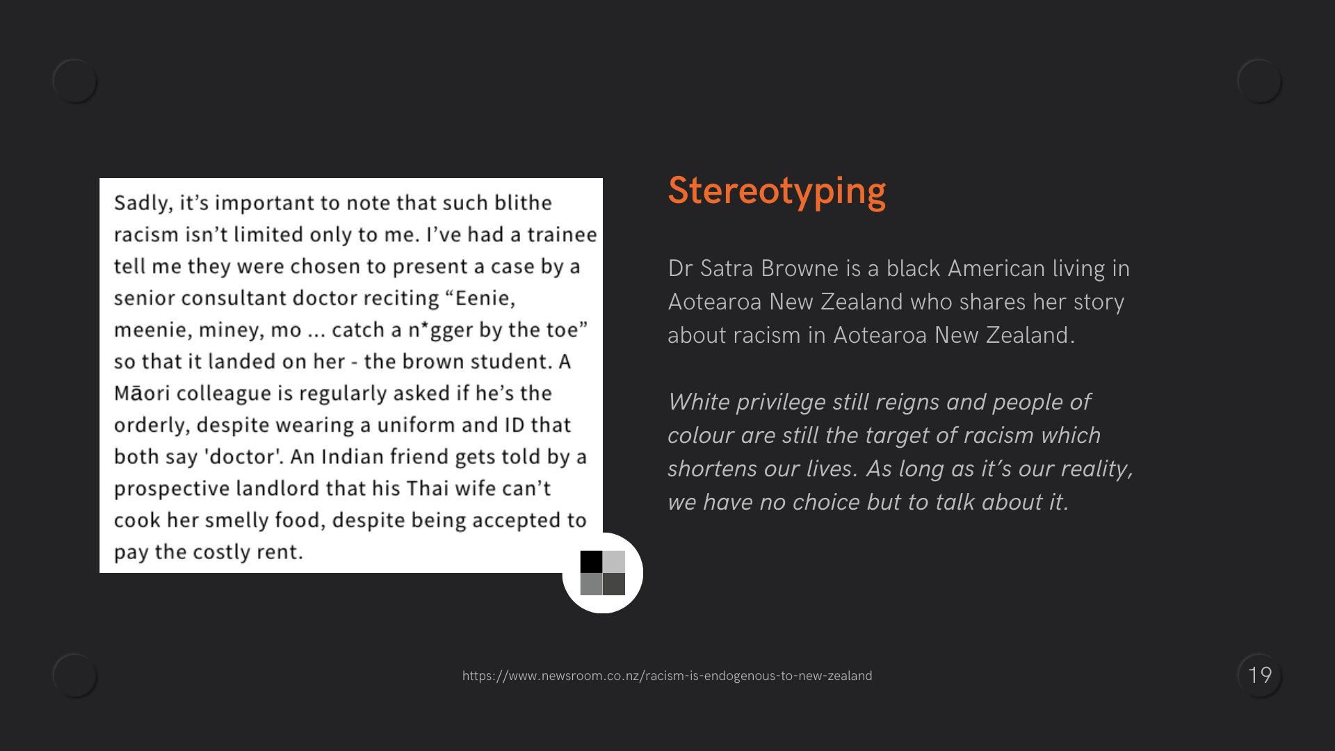 Story about a Maori colleague being asked if he is the orderly despite being a doctor with an ID and name tag with an orange vertical line and text