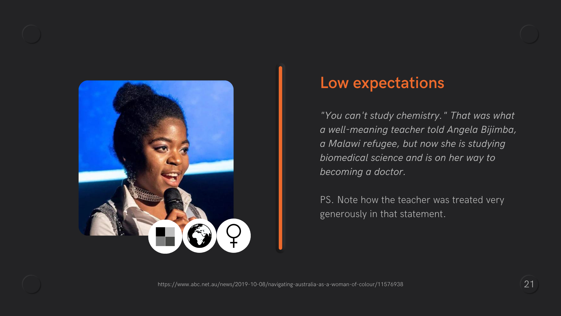 Photo of Angela Bijimba, a Malawi refugee and text