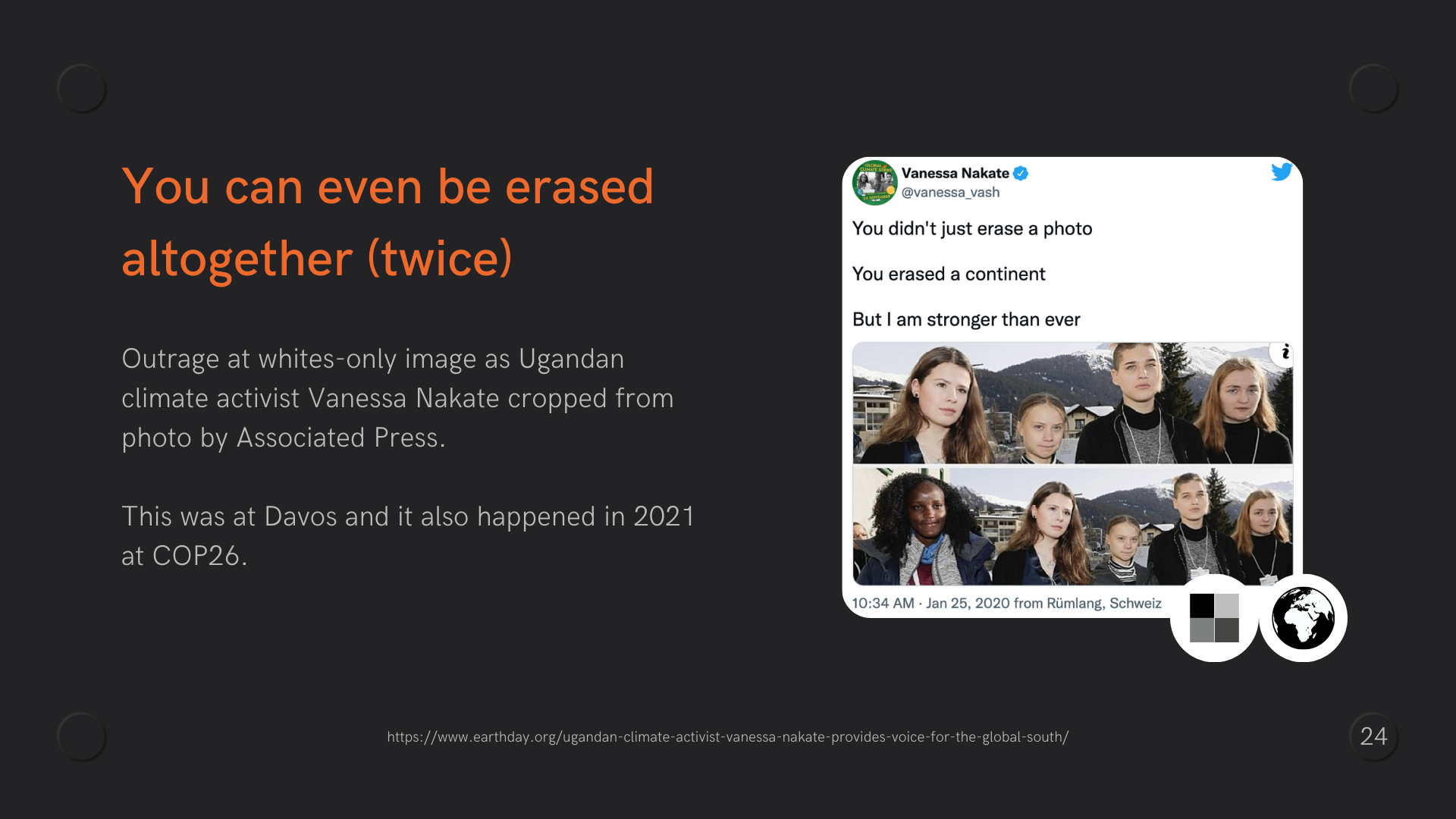 Twitter photo of 4 white women and a black woman below an identical photo with the black woman removed.