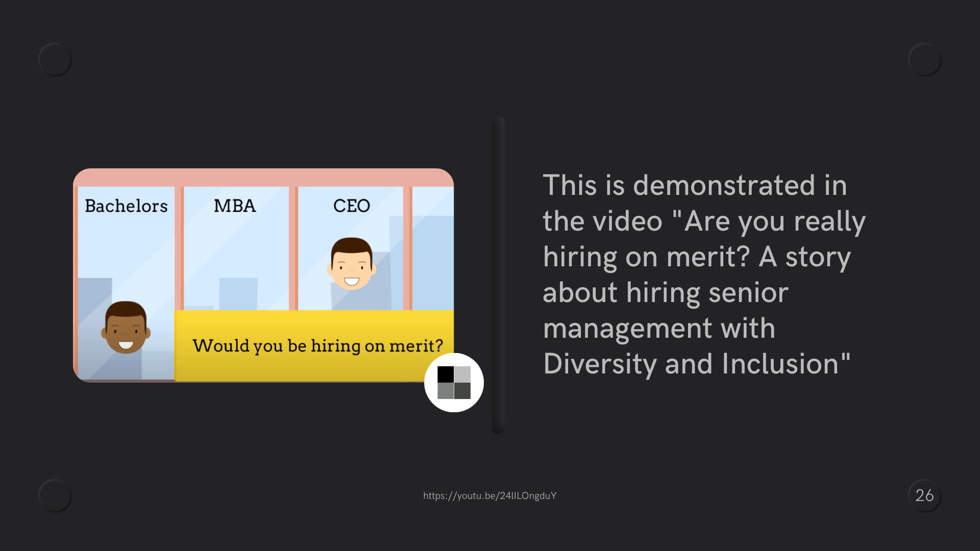 Image of a video screenshot with levels of career and a white face and a black face denoting their stages of career.