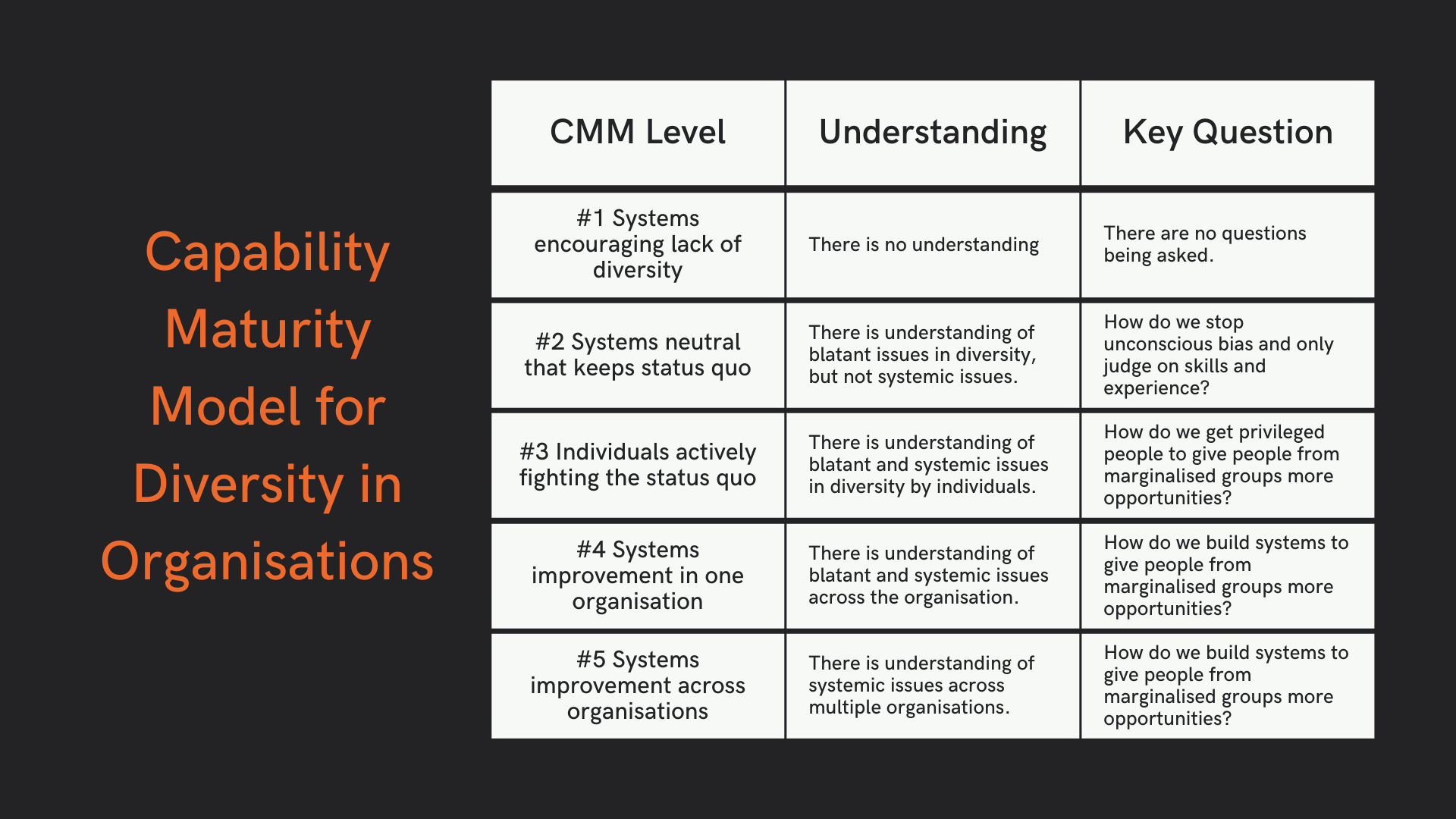 This is the Capability Maturity Model that has 5 levels - systems encouraging lack of diversity, systems neutral that keeps status quo, individuals actively fighting the ststus quo, systems improvement in one organisation, systems improvement across multiple organisations. Each level has the underlying understanding of DEI in that level, and the key question for that level.