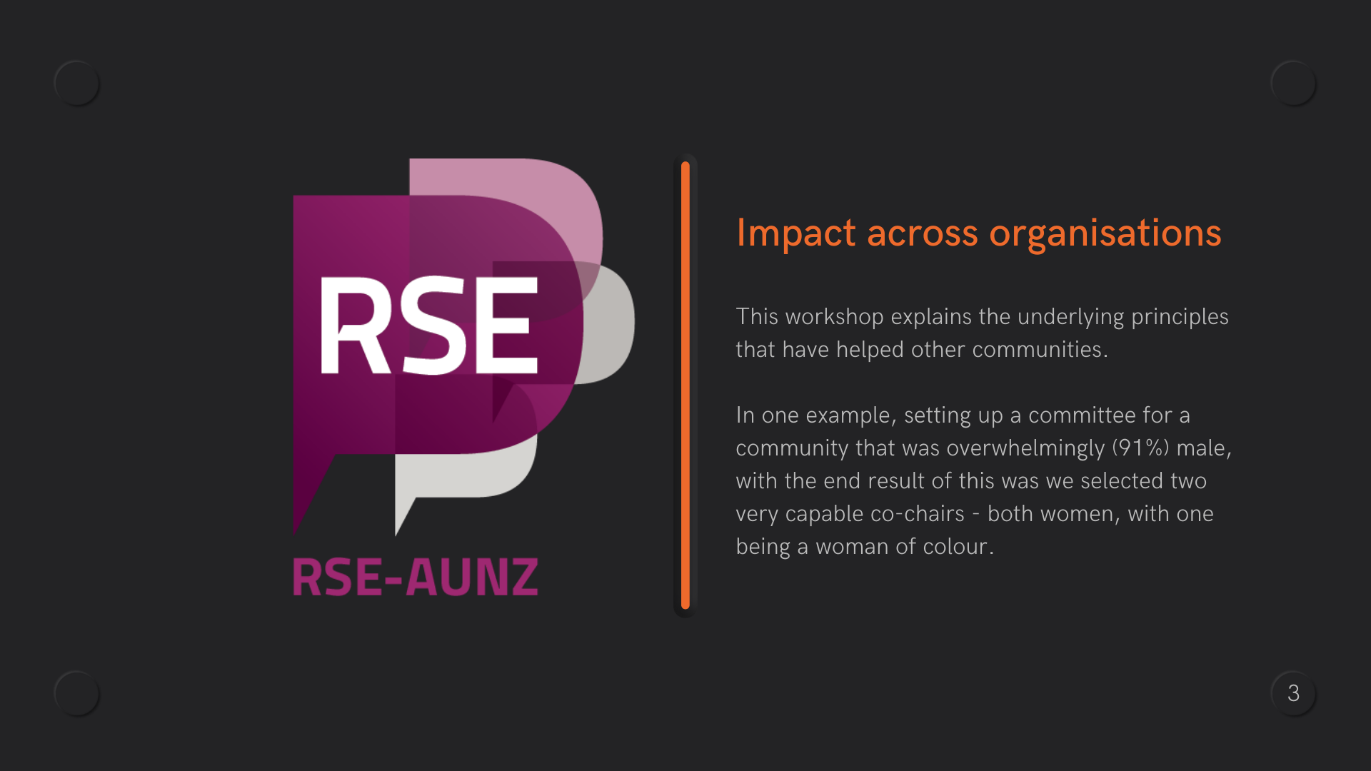 Logo of the Research Software Engineering AUNZ community, an orange vertical line and text