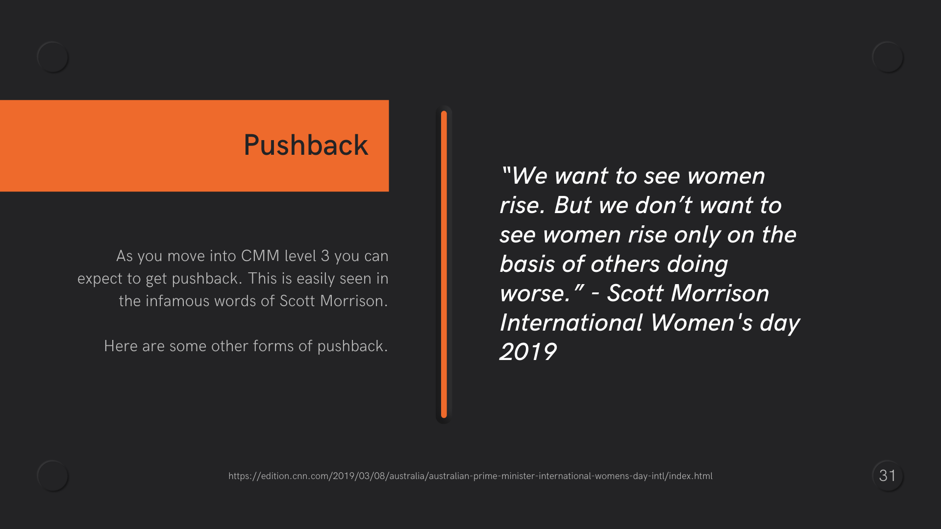 Pushback in orange background and an orange vertical line and text