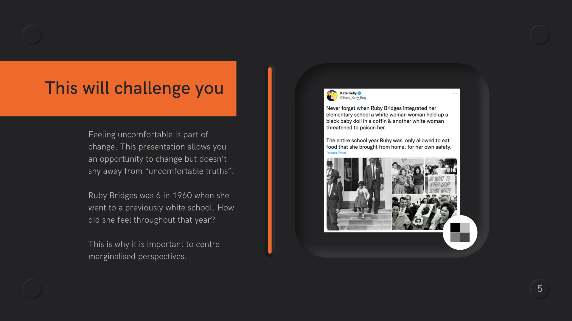 A tweet about Ruby Bridges an orange vertical line and text