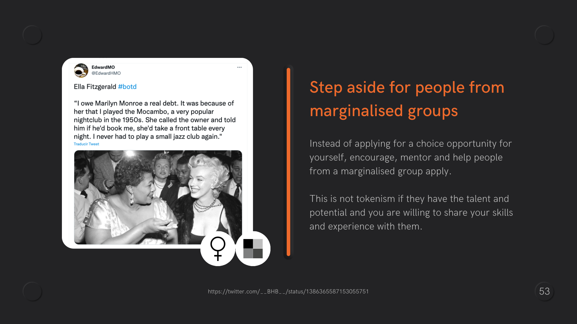 Image of tweet talking about Ella Fitzgerald being helped by Marilyn Monroe