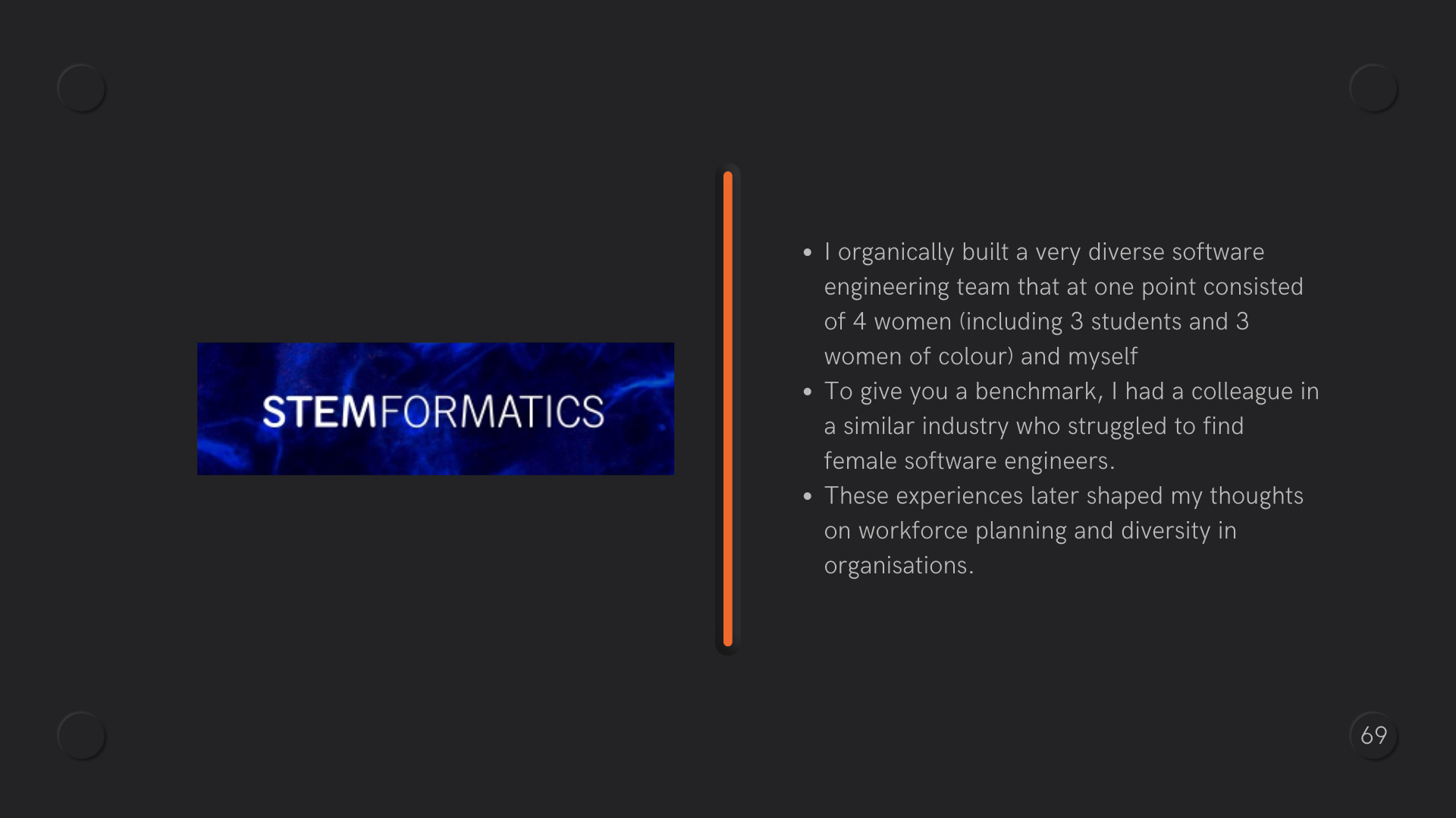 Logo of Stemformatics on purcple background with an orange vertical line and text