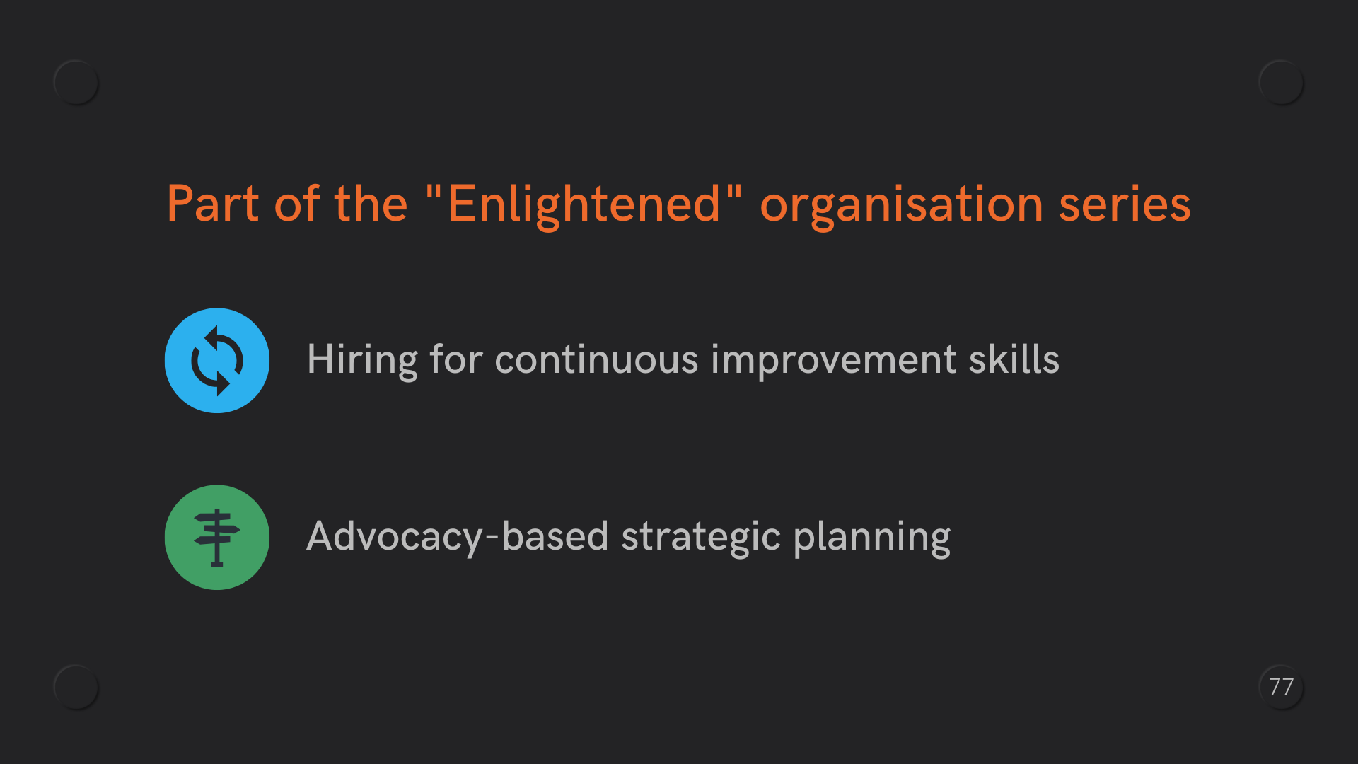 Logo of Continuous Improvement on blue circle and Logo for Strategic planning on green circle