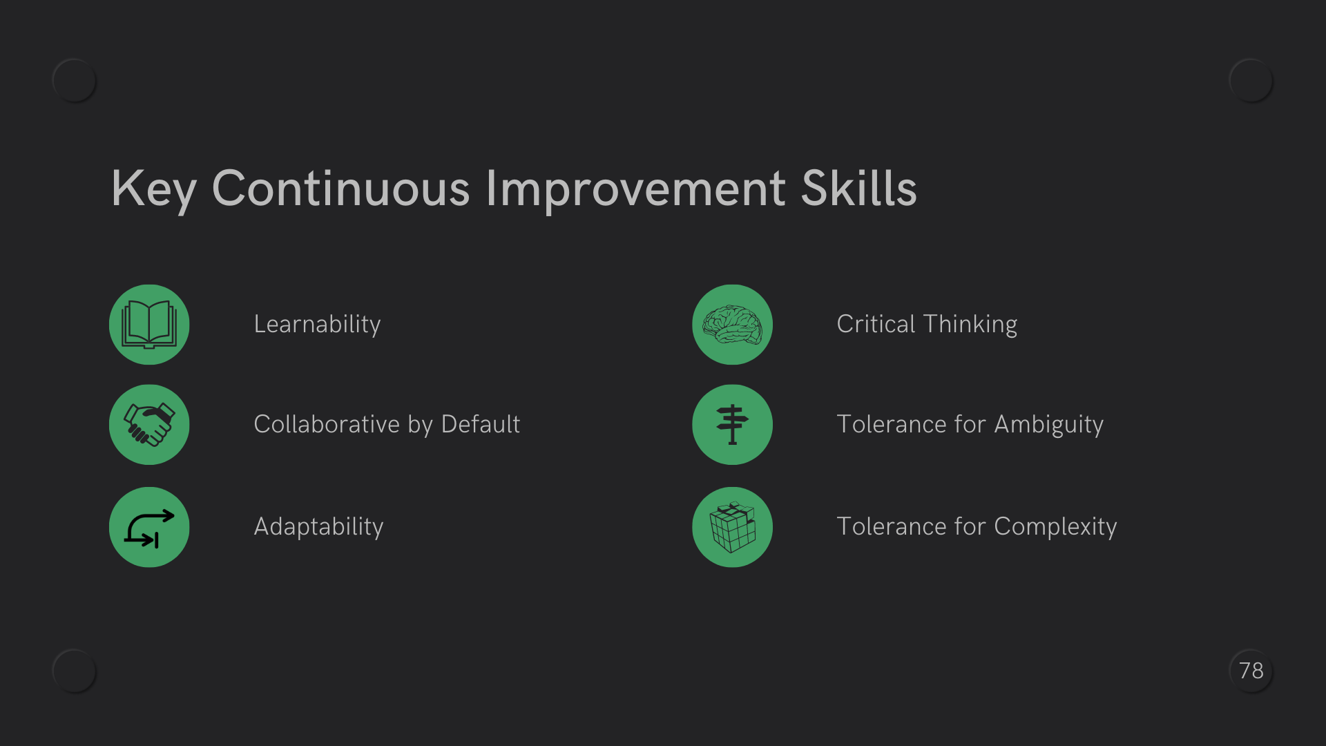 6 logos on green circles to denote continuous improvement skills