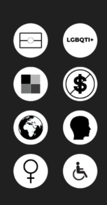 Displaying icons in white circles denoting first nations, LGBQTI+, race, poverty, the Global South, mental health, disability, and gender