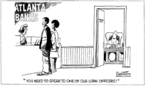 Two black people asking about a home loan. The person behind the desk says "You need to speak to one of our loan officers".An office door is open with the "Mortgage loans" and inside sitting in the chair behind a desk is the loan officer, a person wearing a Ku Klux Klan hood and dress.