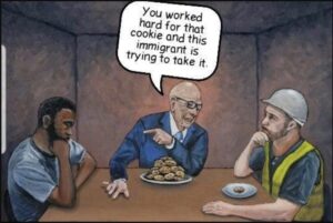 Rich white male with lots of cookies on his plate during at a table with a black immigrant and a white male worker with construction hat and high viz clothing. The white male worker has only one cookie on his plate and the immigrant didn't have a plate or a cookie. Rich man points to black immigrant and says to white male worker 'You worked hard for that cookie and this immigrant is trying to take it".